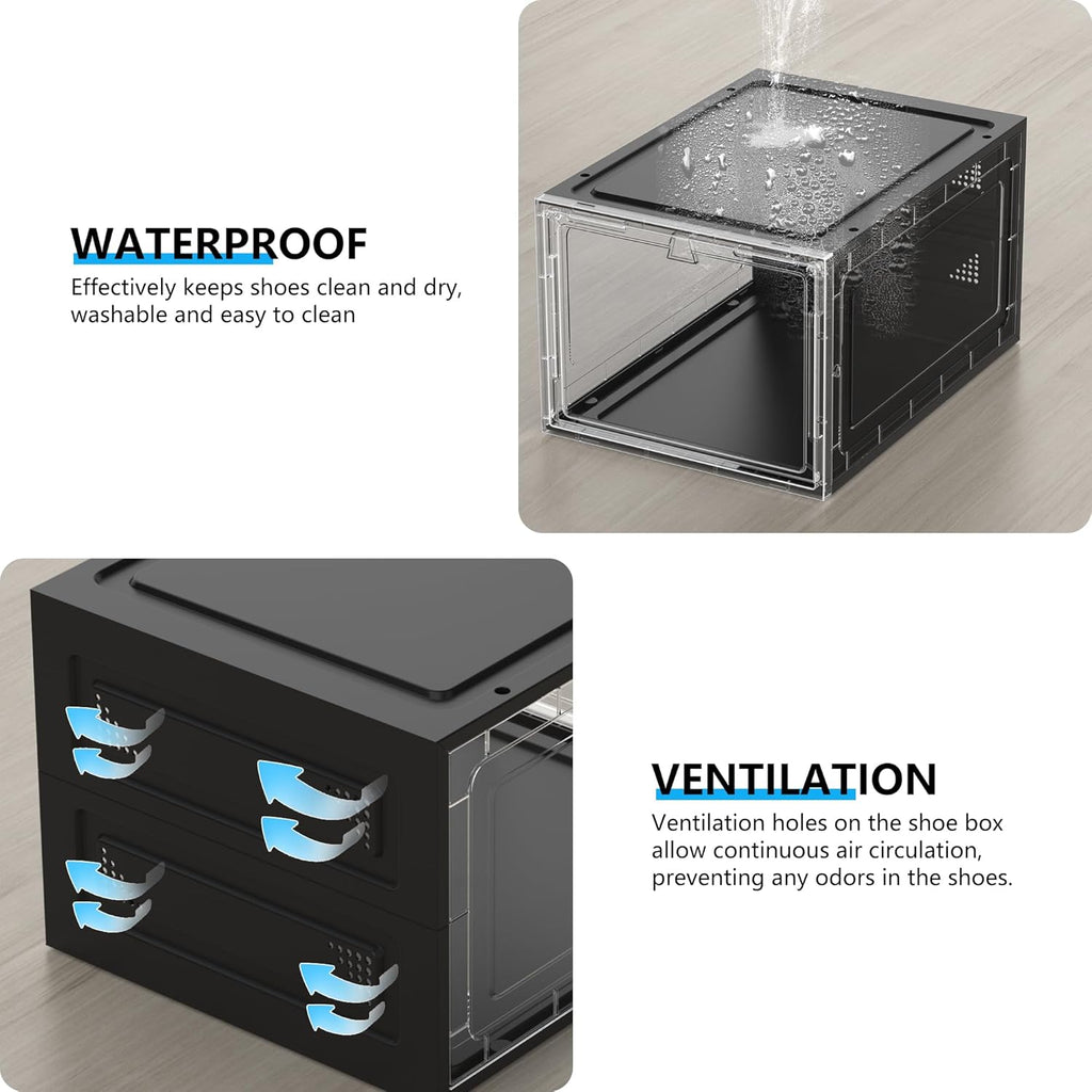 10 Pack Hard Sturdy Thickened Rigid XX Large Shoe Storage Organizer for Closet, Clear Stackable Sneaker Shoe Boxes Rack Containers Display Case Bins with Lids, Black Clear02