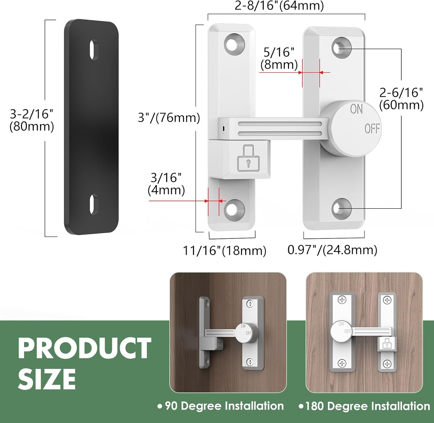 Barn Door Lock Latch, 90/180 Degree Flip Sliding Door Latch for Garage, Bedroom, Cabinet, Sturdy Zinc Alloy Security 90 Degree Lock (White-2 Pcs)