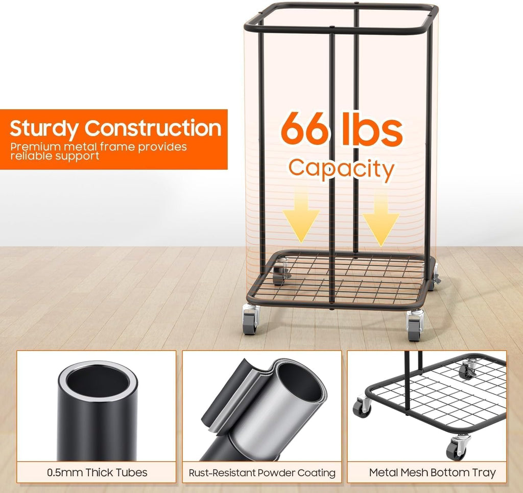 150L Laundry Hamper with Wheels, Rolling Laundry Basket with Metal Frame and Removable Bag, Large & Tall Dirty Clothes Hampers for Bedroom Aesthetic, Laundry Room, Bathroom, Dorm-Black