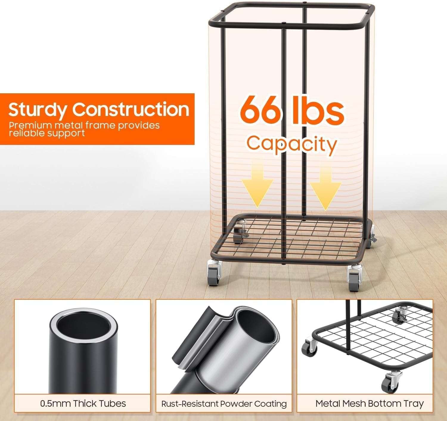 150L Laundry Hamper with Wheels, Rolling Laundry Basket with Metal Frame and Removable Bag, Large & Tall Dirty Clothes Hampers for Bedroom Aesthetic, Laundry Room, Bathroom, Dorm-Black