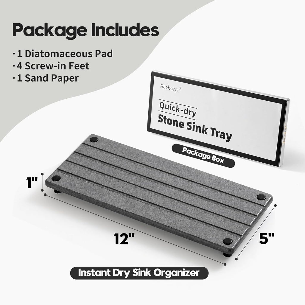 Instant Dry Sink Caddy Kitchen Sink Organizer, Quick Drying Stone Tray Diatomite Sponge Holder Soap Dish, Bathroom Countertop Fast Dry Water Absorbing Vanity Rack, Dark Gray,12" x 5"
