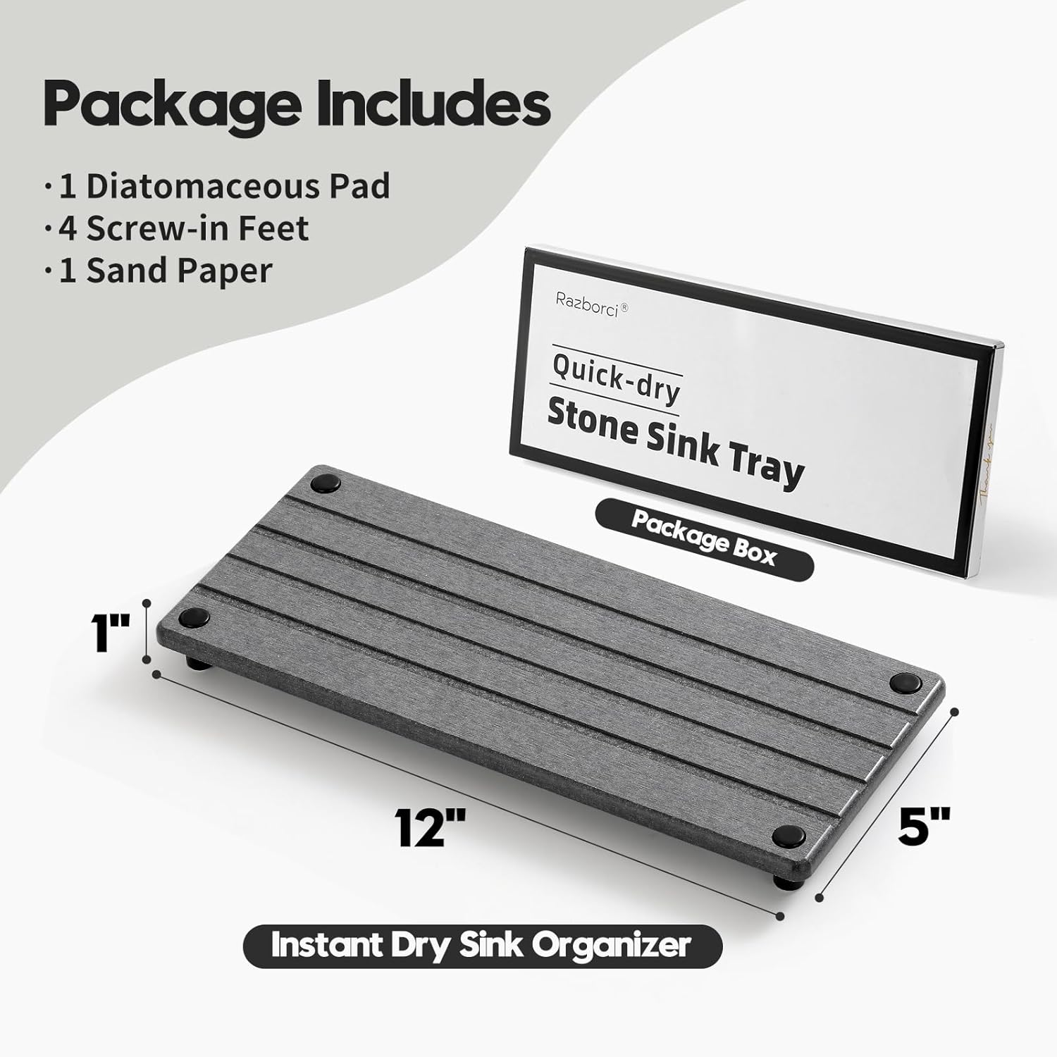 Instant Dry Sink Caddy Kitchen Sink Organizer, Quick Drying Stone Tray Diatomite Sponge Holder Soap Dish, Bathroom Countertop Fast Dry Water Absorbing Vanity Rack, Dark Gray,12" x 5"