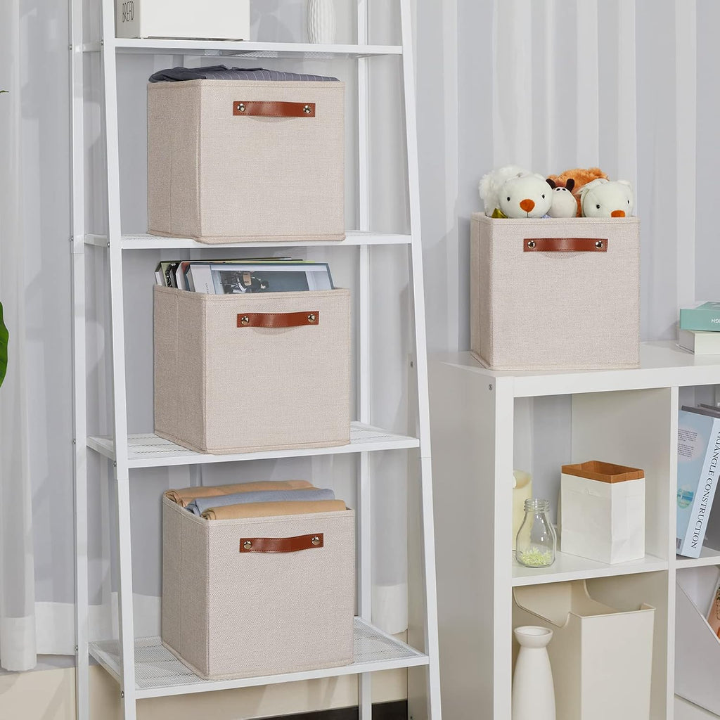 Temary 11x11 Storage Cubes Fabric Storage Cubes Storage Bins with Dual Leather Handles Canvas Storage Boxes for Organizing Home, Shelf, Closet (Beige, 11 x 11 x 11)