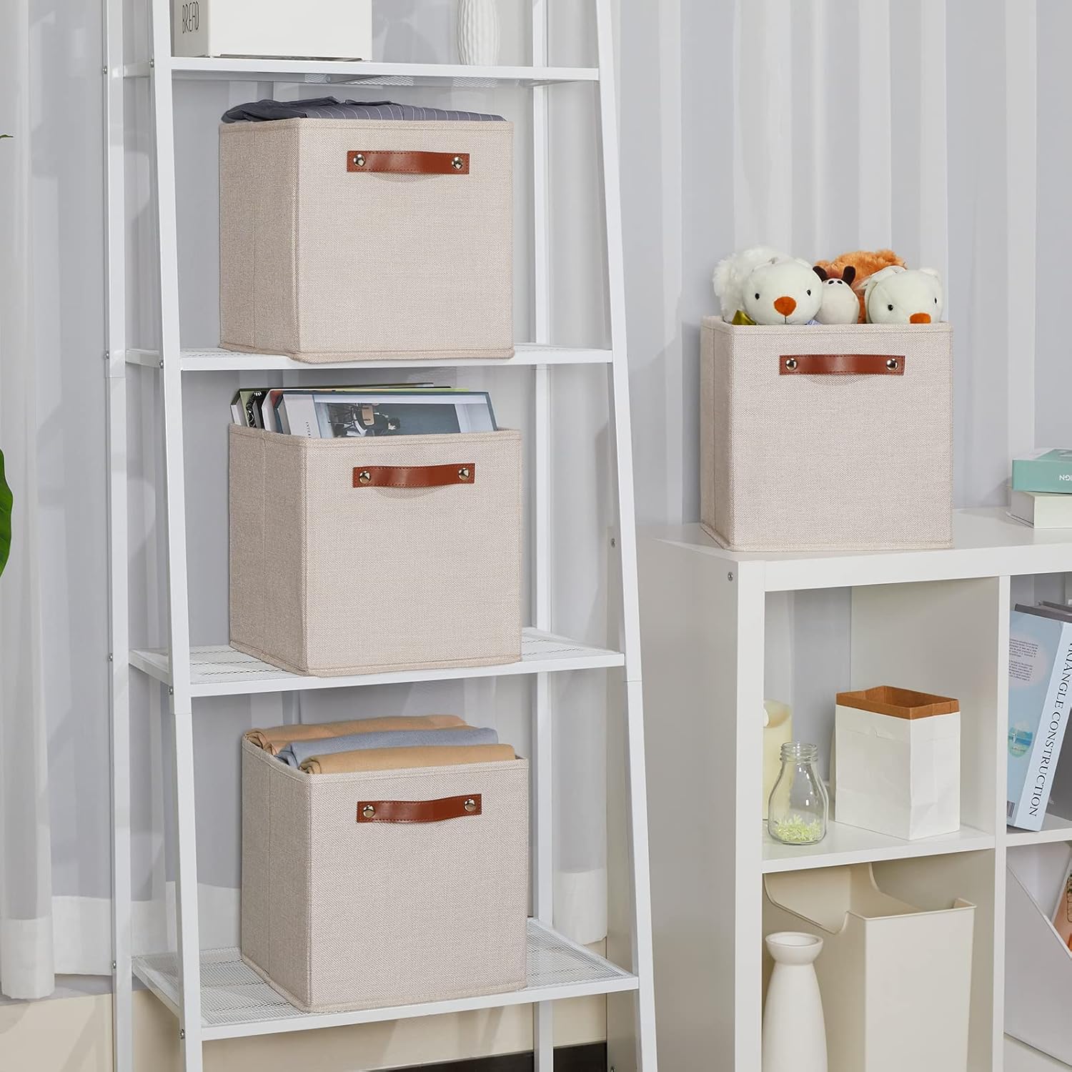 Temary 11x11 Storage Cubes Fabric Storage Cubes Storage Bins with Dual Leather Handles Canvas Storage Boxes for Organizing Home, Shelf, Closet (Beige, 11 x 11 x 11)