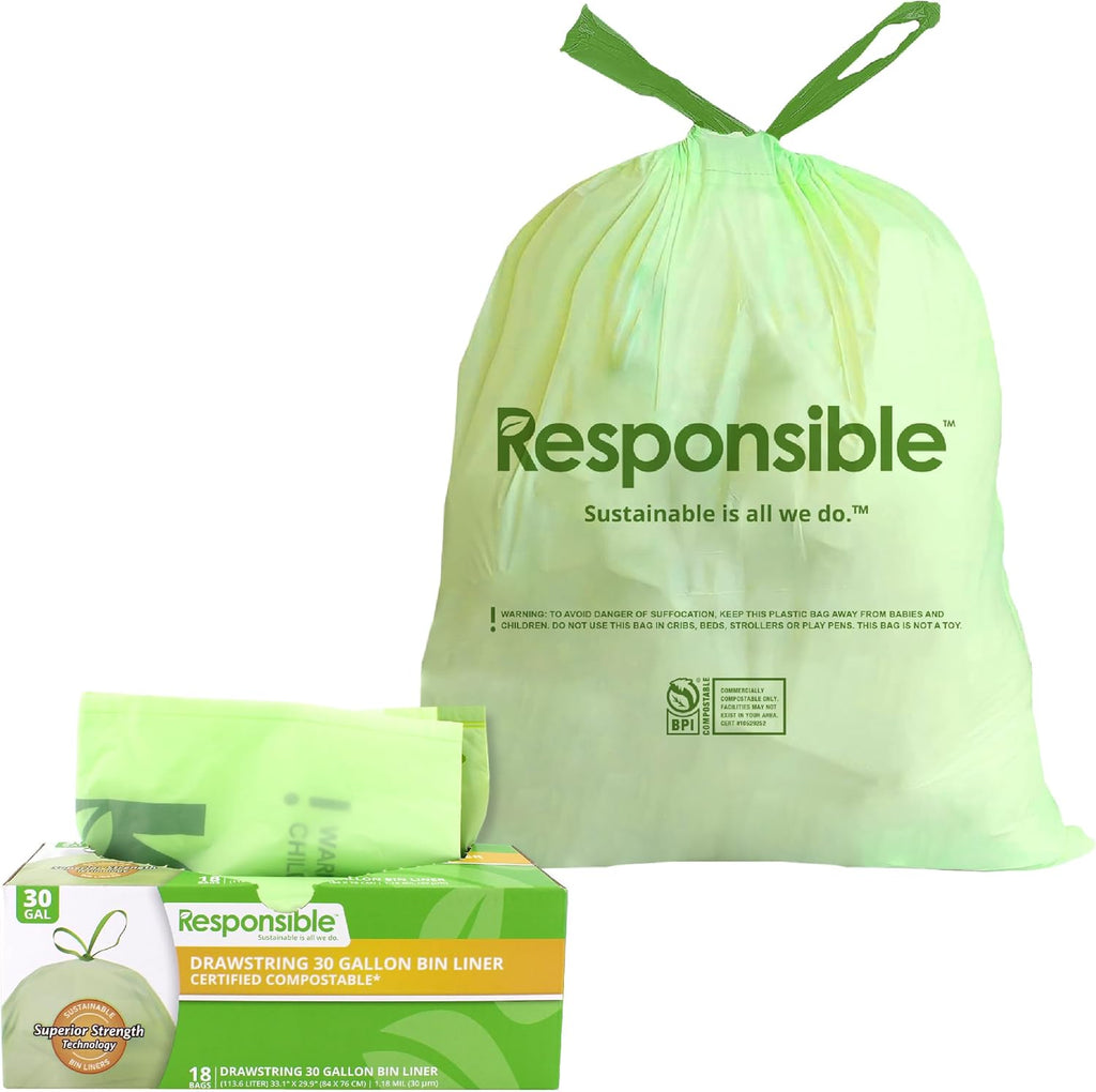 Responsible Products Kitchen Bin Liners, Certified Compostable, Heavy Duty Multipurpose Food Scrap Bags, Made from Compostable Materials (30 Gallon Drawstring, (18 Count))