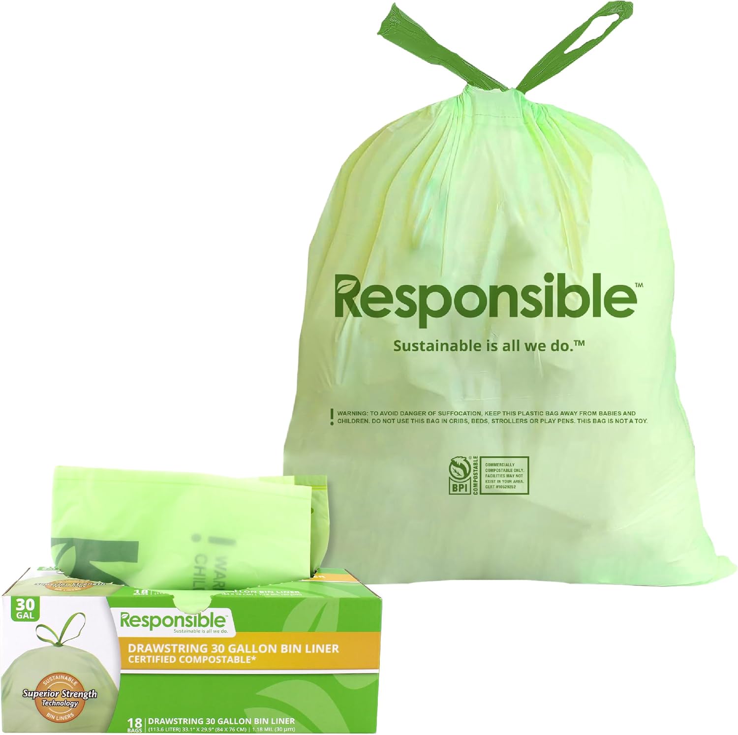 Responsible Products Kitchen Bin Liners, Certified Compostable, Heavy Duty Multipurpose Food Scrap Bags, Made from Compostable Materials (30 Gallon Drawstring, (18 Count))