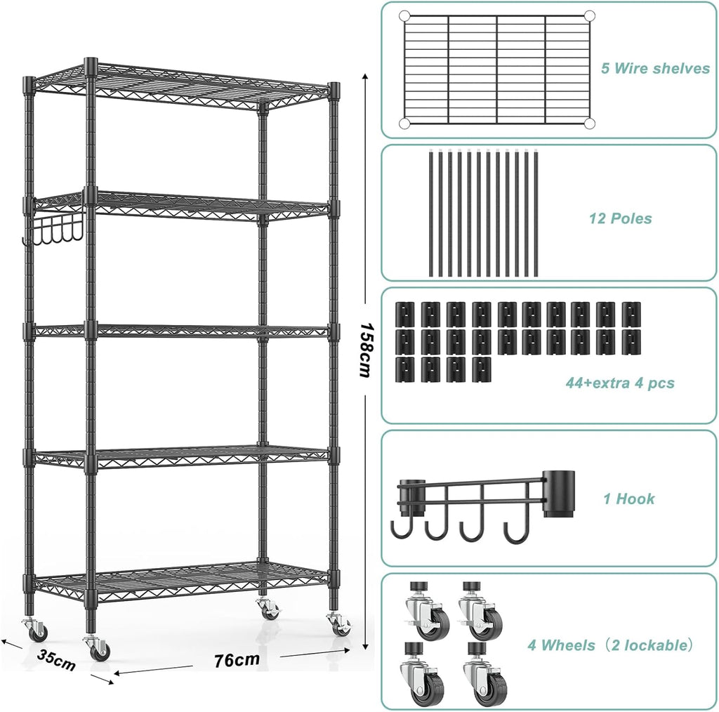 Himimi 5-Tier Storage Shelf Wire Shelving Unit on Wheels Heavy Duty Metal Shelves Adjustable Steel Rack Organization for Kitchen Garage Basement, Black