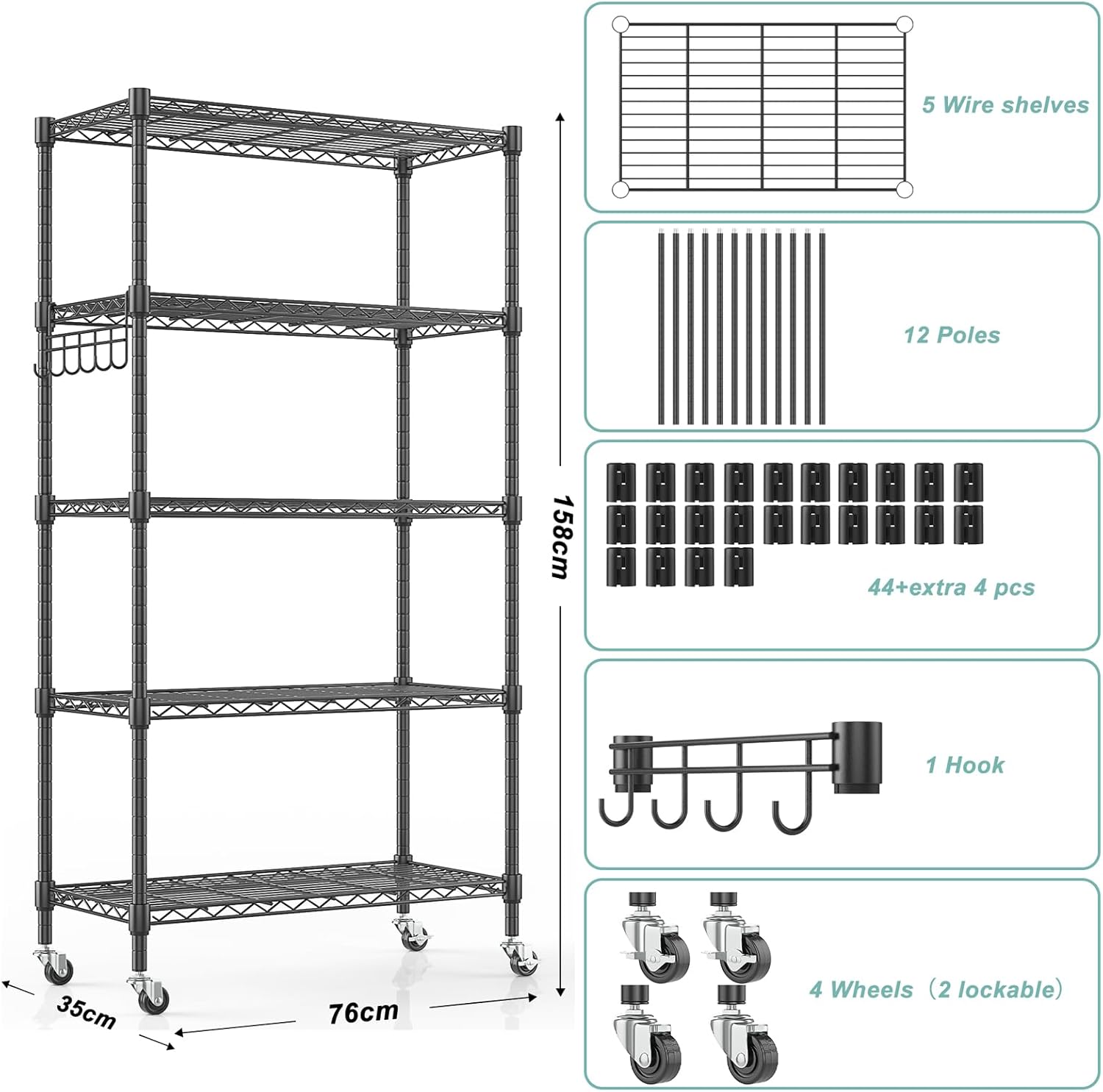 Himimi 5-Tier Storage Shelf Wire Shelving Unit on Wheels Heavy Duty Metal Shelves Adjustable Steel Rack Organization for Kitchen Garage Basement, Black