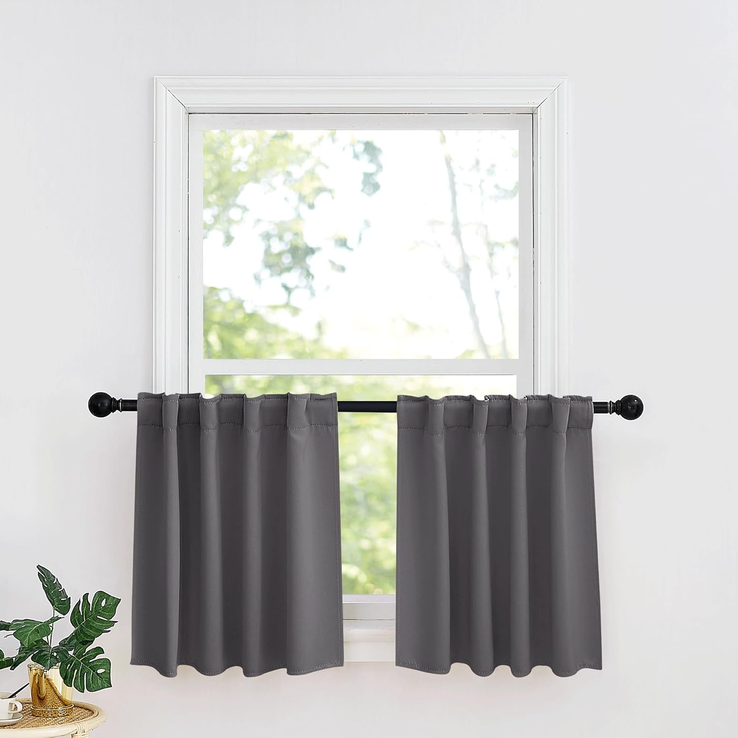 RYB HOME Kitchen Window Curtains - Blackout Privacy Half Window Curtains for Bedroom Bathroom Dining Living Room Cafe Office Short Tiers Drapes, W 34 x L 36 inches, 2 Panels, Grey