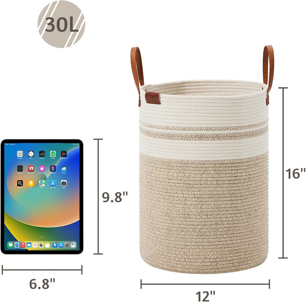 VIPOSCO Small Laundry Basket, Slim Baby Hamper with Leather Handle, Cute Woven Rope Storage Basket for Blanket, Kids Toy, Clothes In Living Room, Bathroom, Bedroom, Nursery Room - 30L Brown & White
