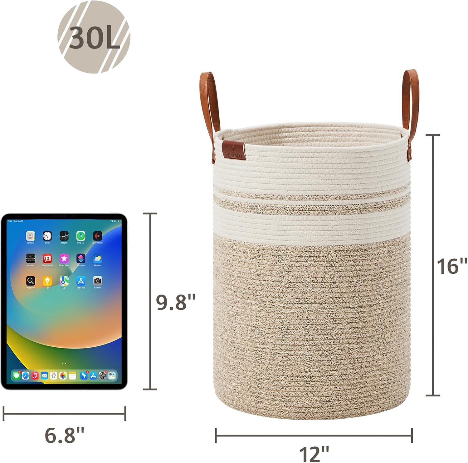 VIPOSCO Small Laundry Basket, Slim Baby Hamper with Leather Handle, Cute Woven Rope Storage Basket for Blanket, Kids Toy, Clothes In Living Room, Bathroom, Bedroom, Nursery Room - 30L Brown & White