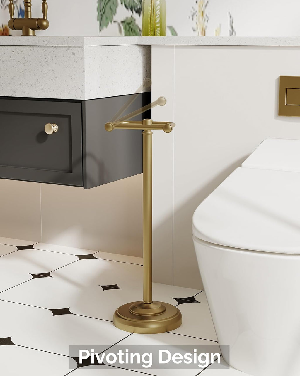 Toilet Paper Holder Stand, Brushed Brass Toilet Paper Holder Free Standing, Post Pivoting Design & Stable Weighted Base SUS304 Stainless Steel for Bathroom(Mega Roll)