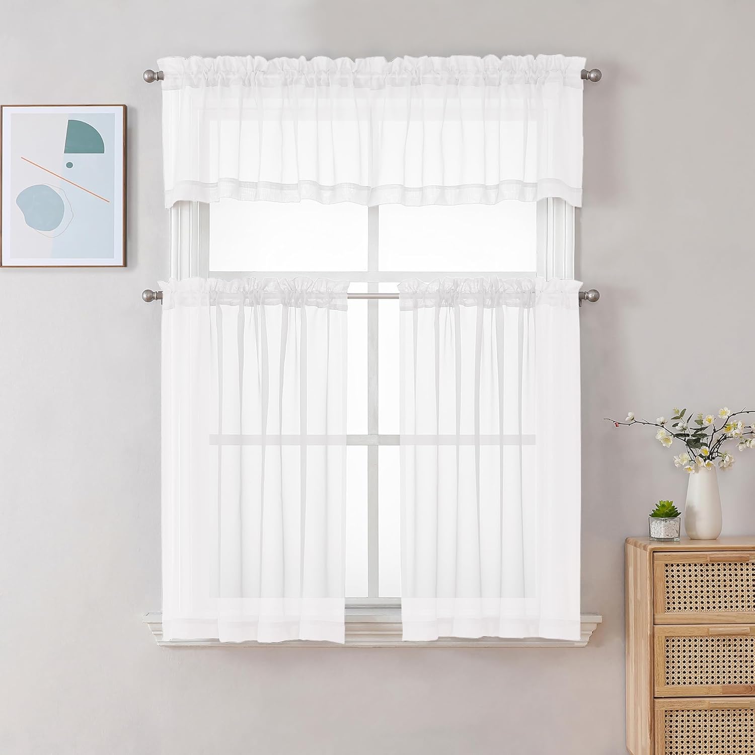 Chyhomenyc Sheer White Valances for Windows 2 Pack, Small Window Curtains for Living Room Bathroom Cafe Laundry Basement, Modern Top Dual Rod Pocket Voile Curtain, 42W x 18L inches, White