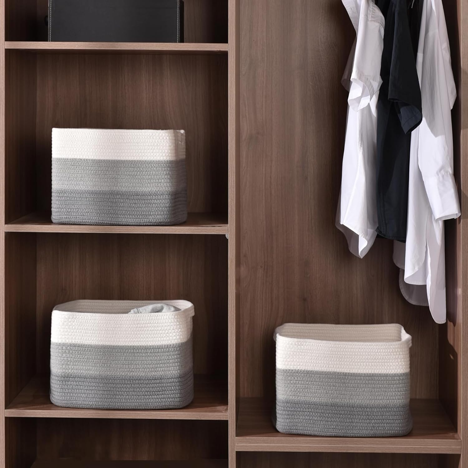 Storage Baskets for Organizing Shelves, Woven Cotton Rope Baskets for Storage Books Towels Toys, Organizing Baskets, Toy Basket for Nursery Bathroom, 15"x11"x9.5", 3 Packs, Gradient Grey