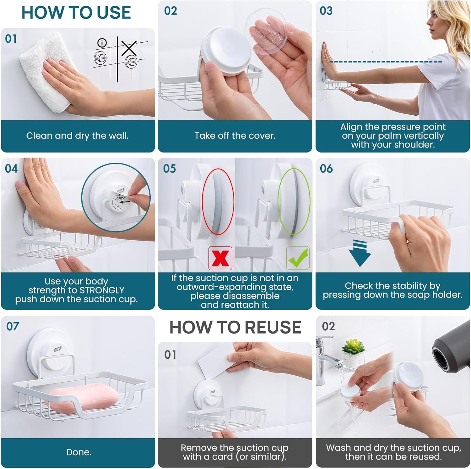 TAILI Soap Holder Bar Dish Suction Cup, Bar Shampoo Rack for Shower Wall, Draining Soap Saver Tray for Bathroom, Rustproof Stainless Steel Sponge Holder for Tub, Kitchen, Drill-Free, White