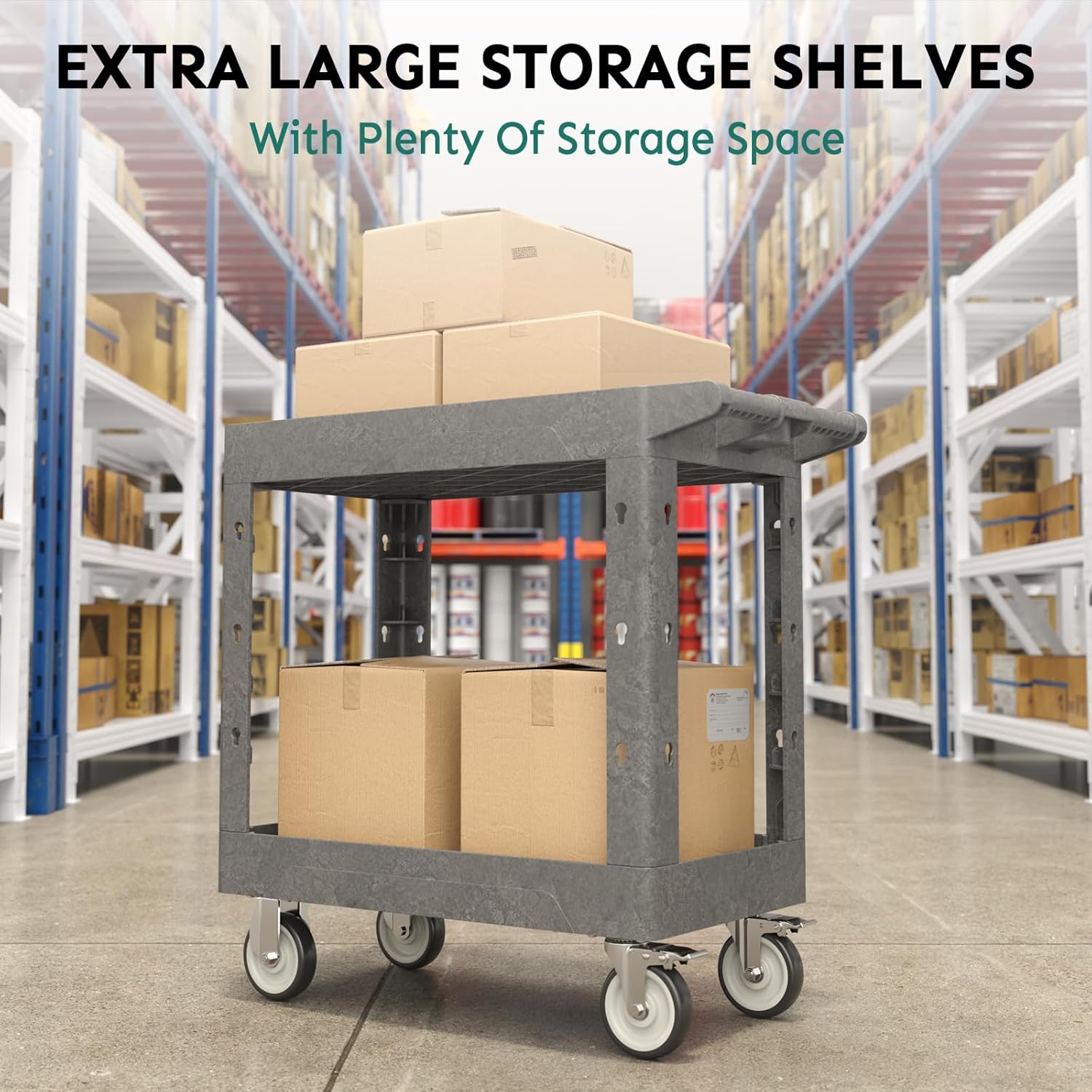 Utility Cart on Wheels, 1000 lbs Capacity Rolling Service Cart, 34 x 17 Inch Work Carts, 2 Shelf Heavy Duty Plastic Tool Cart, Lipped Shelves, for Warehouse, Garage, Cleaning, Gray