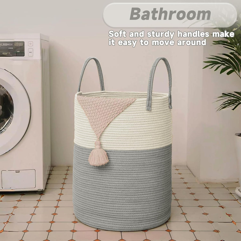 Large Woven Laundry Basket Hamper,80L Cotton Rope Storage Bin for Blankets,Toys and Clothes,Decorative Tall Nursery Hamper for Living Room,Baby Nursery,Bathroom and Bedroom,White and Grey