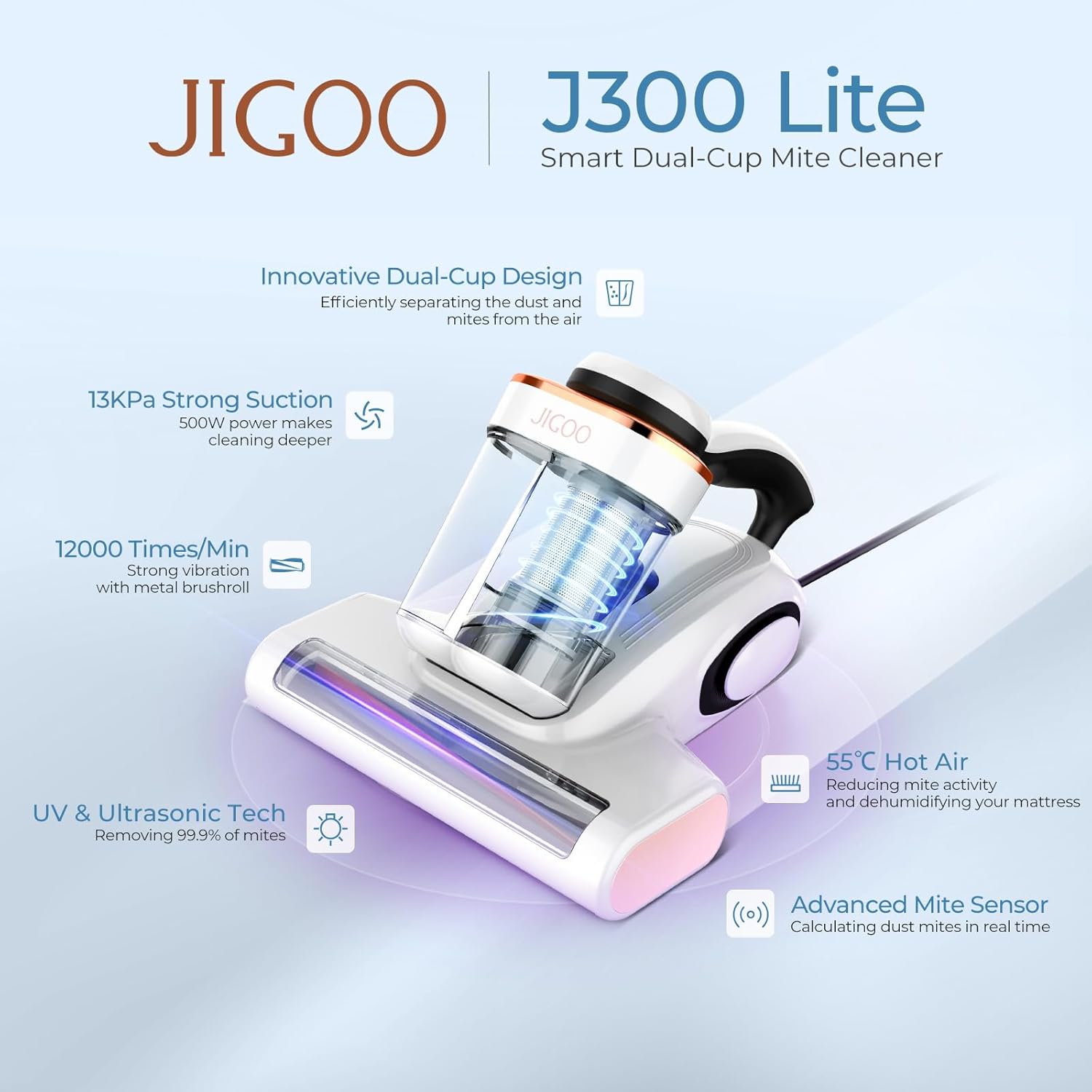 JIGOO J300 Lite Mattress Vacuum Cleaner，Bed Vacuum Cleaner with Dust Sensor with 253.7nm UV-C Light，Ultrasonic and High Heating Multifunctional Handheld Vacuums for Bed, Sofa, Couch （Corded）