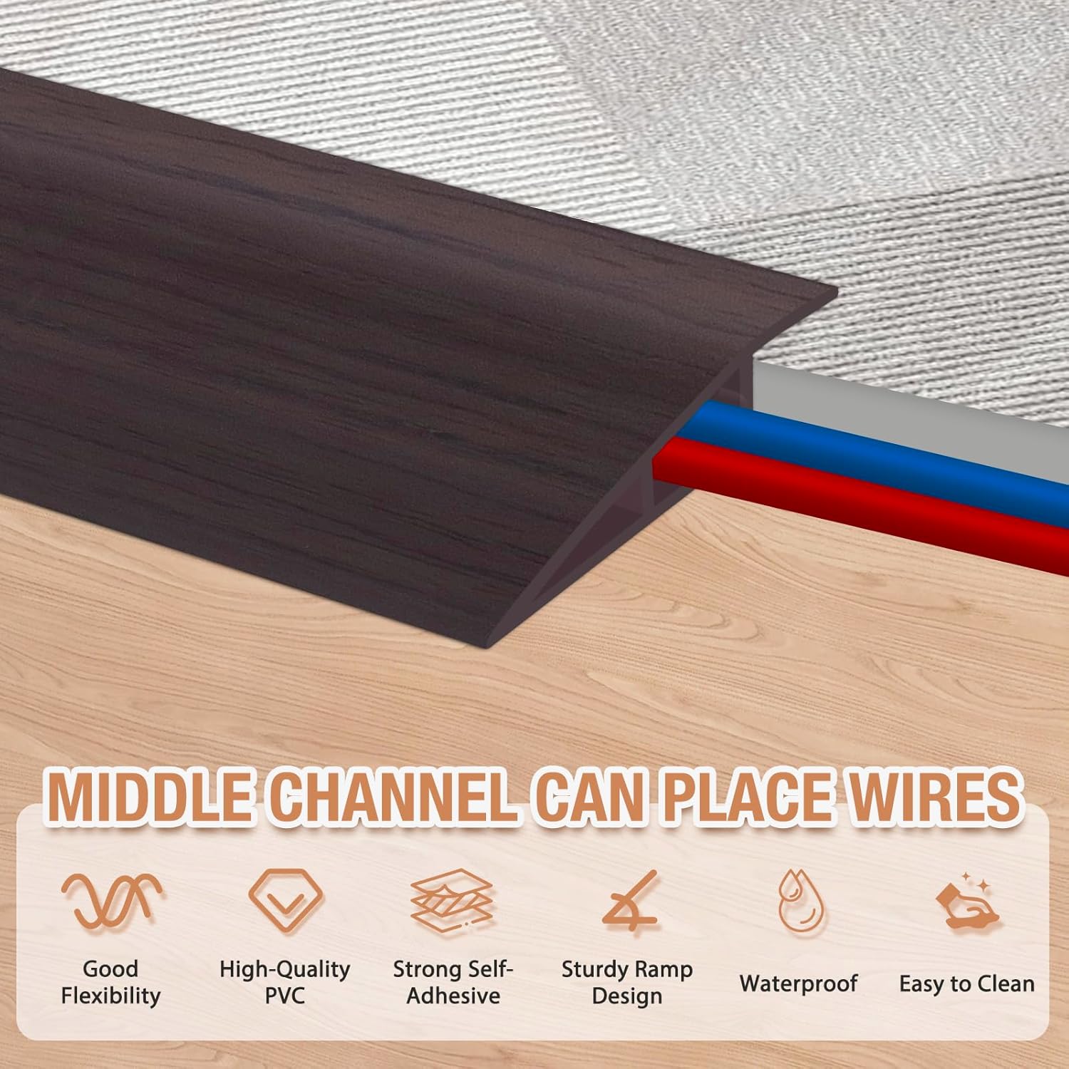 Floor Transition Strip Self Adhesive Vinyl Door Threshold for Doorways Carpet Edging Trim Overlap Edge Reducer for Laminate Floor, Carpet, Tile (Dark Walnut Grain, 1/5" to 2/5", 10Ft)