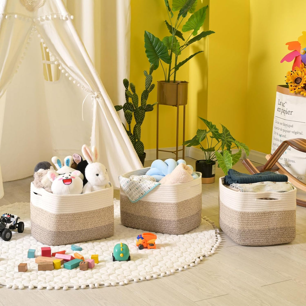 Storage Baskets for Organizing Shelves, Woven Cotton Rope Bins for Baby Nursery Organization, Book Toy Towel Organizer, 15"x11"x9.5", 3 Packs, Gradient Brown