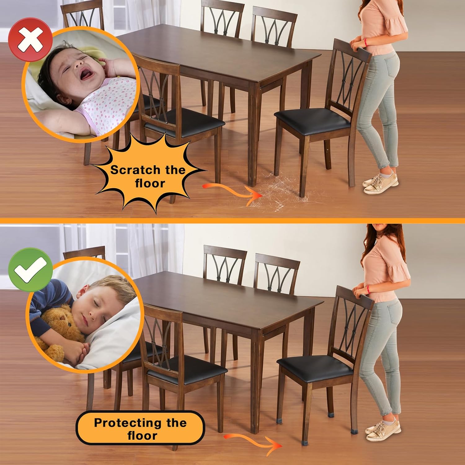 16 Pcs Chair Leg Floor Protectors Square, Silicone Chair Leg Protectors for Hardwood Floors, Chair Leg Caps Covers Protect Wooden Floors from Scratching, Thick, Won't Tear (Fit: 3/5" - 7/10”)