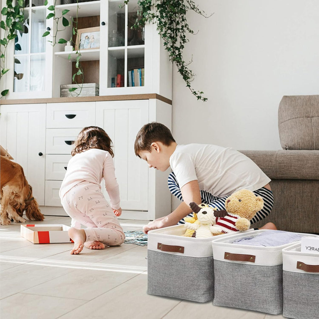 HNZIGE Fabric Storage Baskets for Shelves(3 Pack) Large Collapsible Storage Baskets for Organizing, Decorative Baskets Bins Set with Handles for Closet, Clothes, Toy(White&Gray,15" x 11" x 9.5")
