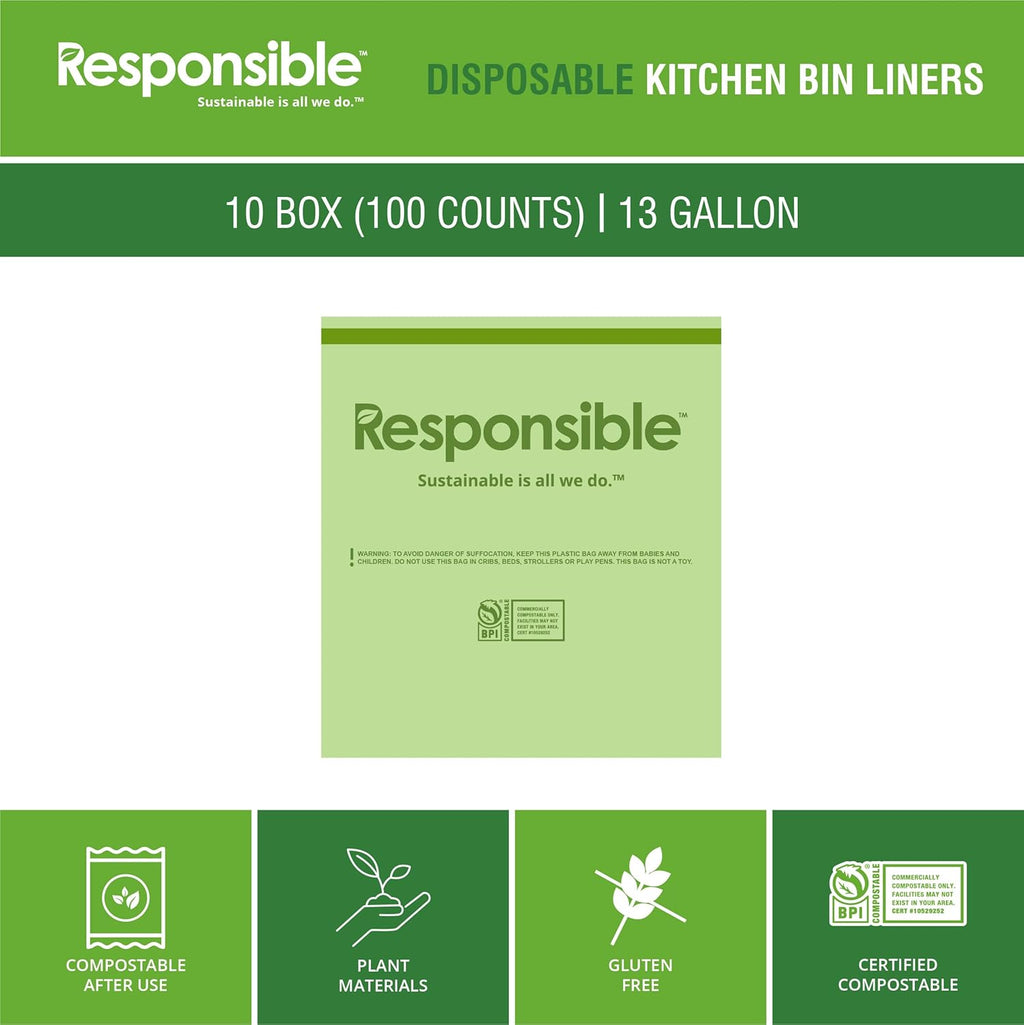Responsible Products Kitchen Bin Liners, Certified Compostable, Heavy Duty Multipurpose Food Scrap Bags, Made from Compostable Materials (13 Gallon Drawstring, 13 Gallon (100 Count))