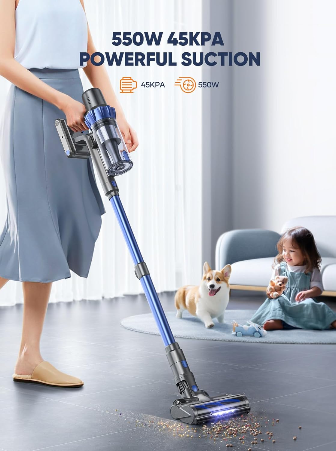 Cordless Vacuum Cleaner, 45KPA 550W Vacuum Cleaners for Home, Stick Vacuum with Color Touch Display, Intelligent Auto Mode, Up to 60Mins, Handheld Vacuum Cleaners for Hardwood Floor Carpet Pet Hair