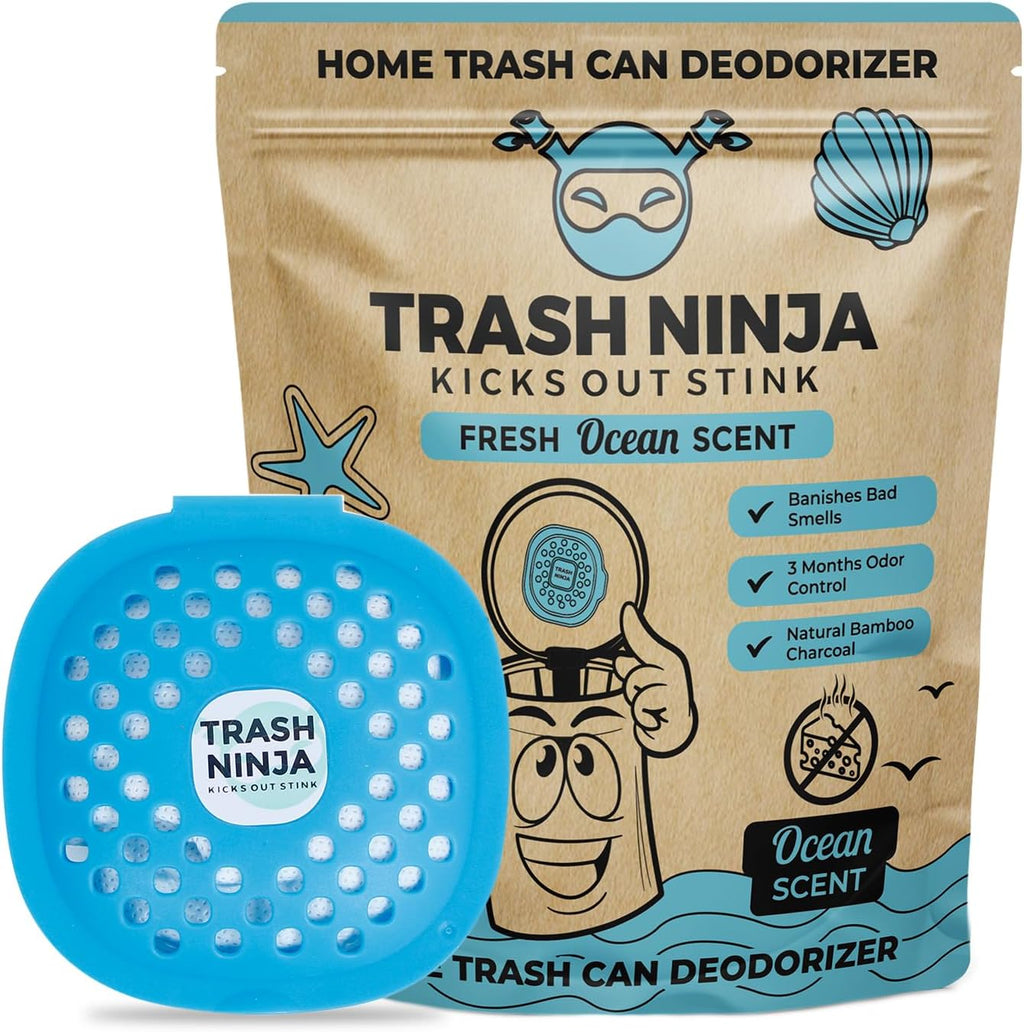 Trash Ninja Trash Can Deodorizer – Stick-On Air Freshener with Activated Charcoal and Fresh Ocean Scent for Kitchen, Bathroom, Fridge, Dumpster, and Trash Compactor Smell Removal