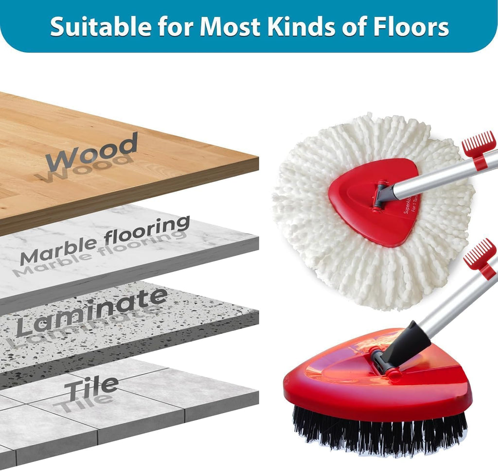 4 Pack Spin Mop Replacement Head Compatible with O Cedar EasyWring 1 Tank Microfiber, 30-58" Handle, Upgraded Triangle Mop Base and Scrub Brush Combo Set