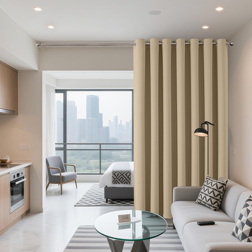 Joydeco Blackout Patio Sliding Door Curtains 108 Inches Long, Grommet Privacy Room Divider Curtains, Extra Wide Thermal Blackout Drapes for Bedroom Living Room (Light Beige, 70Wx108L, 1 Panel)