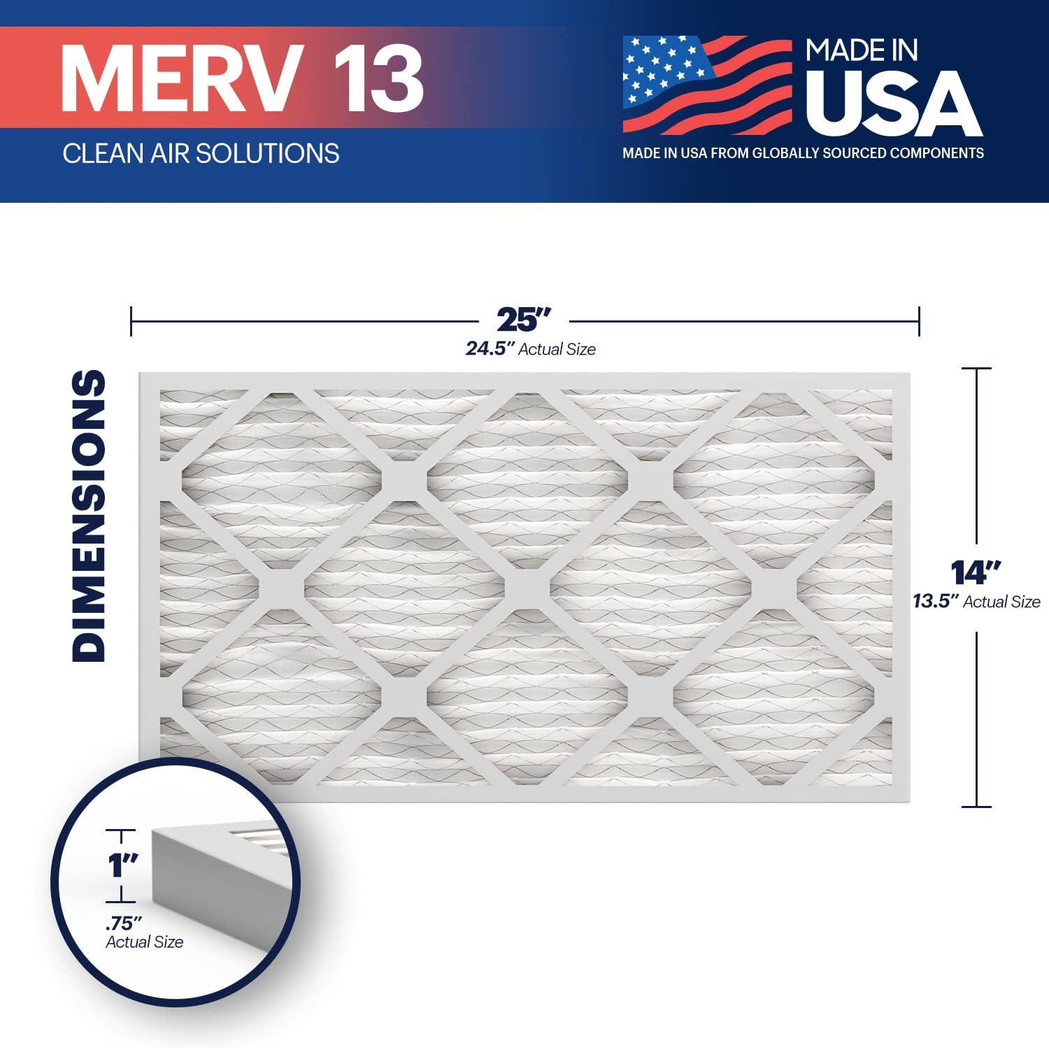 BNX 14x25x1 MERV 13 Air Filter 12 Pack - MADE IN USA - Electrostatic Pleated Air Conditioner HVAC AC Furnace Filters - Removes Pollen, Mold, Bacteria