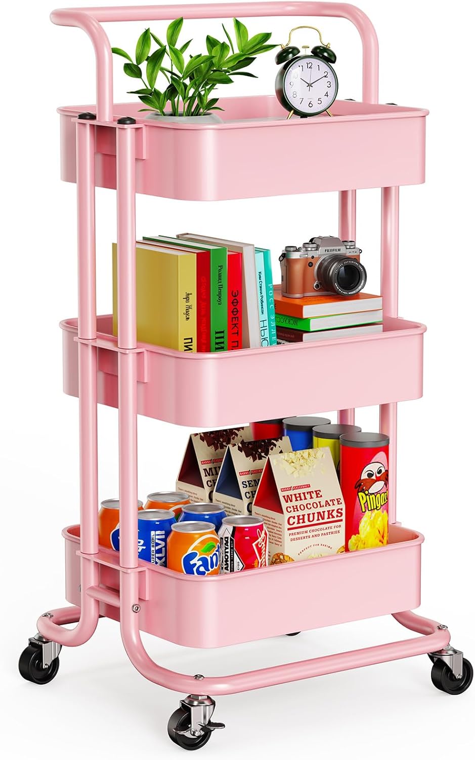 Pipishell 3 Tier Mesh Utility Cart, Rolling Metal Organization Cart with Handle and Lockable Wheels, Multifunctional Storage Shelves for Kitchen Living Room Office Pink