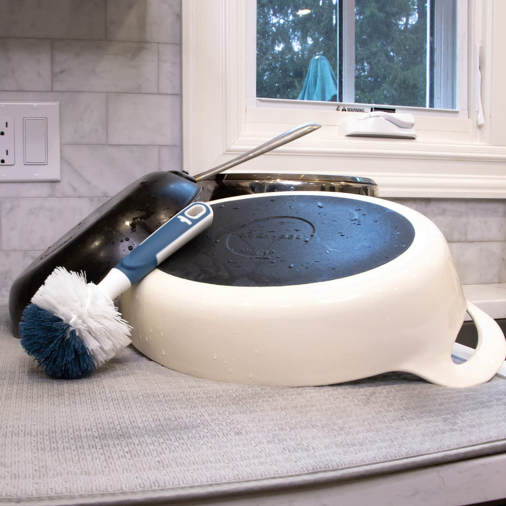 Unger Sink and Dish Scrub Brush, Kitchen Washing Scrubber for Hard-to-Reach Corners, Small Cleaning Supplies, Non-Scratch Bristles, Glassware, Pots, Pans, Tumblers, Drains, and Disposals