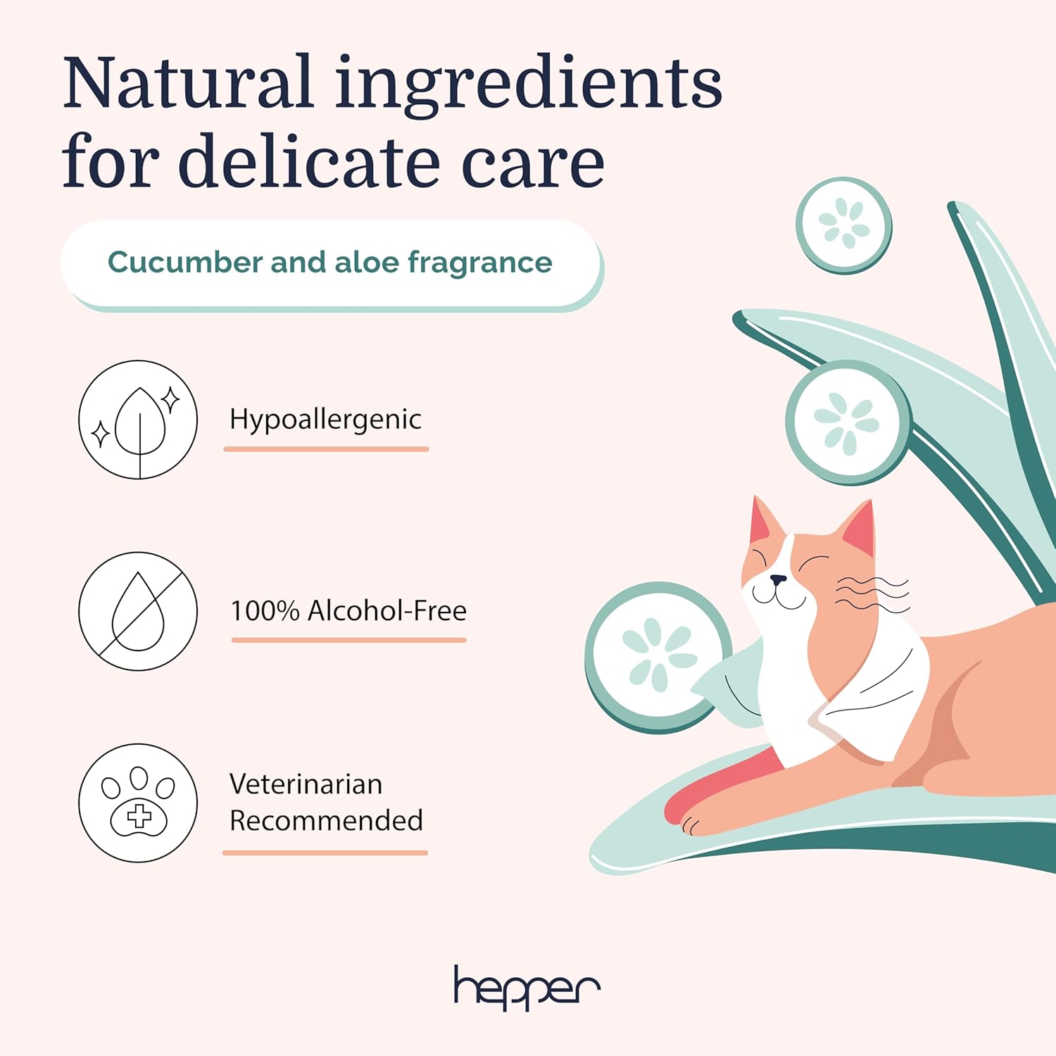 Hepper Wash Wipes - Soft Pet Cleaning Wipes Enriched with Aloe & Cucumber Scent for Waterless Grooming - Ideal for Dogs, Cats & Other Pets - Safe for Puppies & Kittens