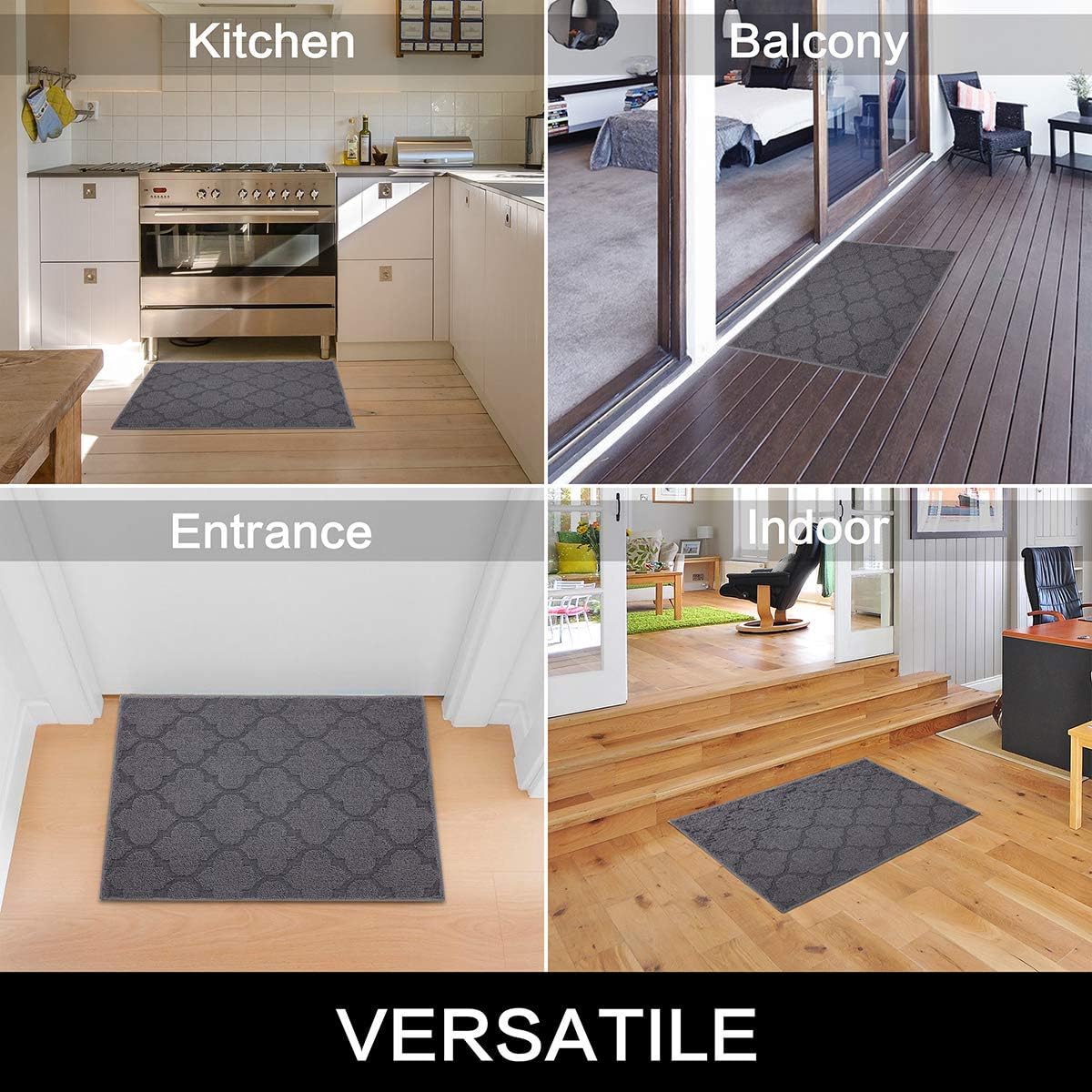 FONEYI Indoor Door Mat, Entrance Rug 24" x 36" Non-Slip Rubber Backing, Machine Washable Entry Rug, Low Profile Absorbent Dirt Trapper Doormat Inside Floor Mats for Entryway, Grey