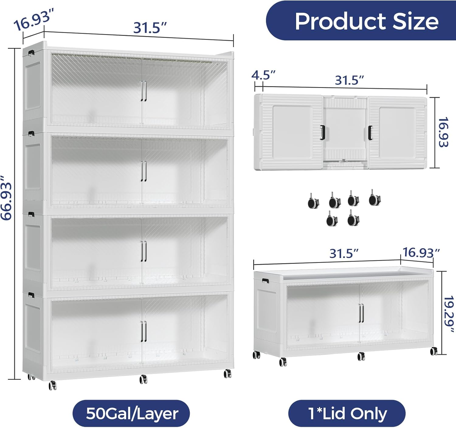 200GAL Extra Large Storage Bins with Lid, 800QT Collapsible Organizer with Wheels, Stackable Closet Cabinet with Doors, Folding Storage Containers for Home, Office, Dorm, 4Pack White