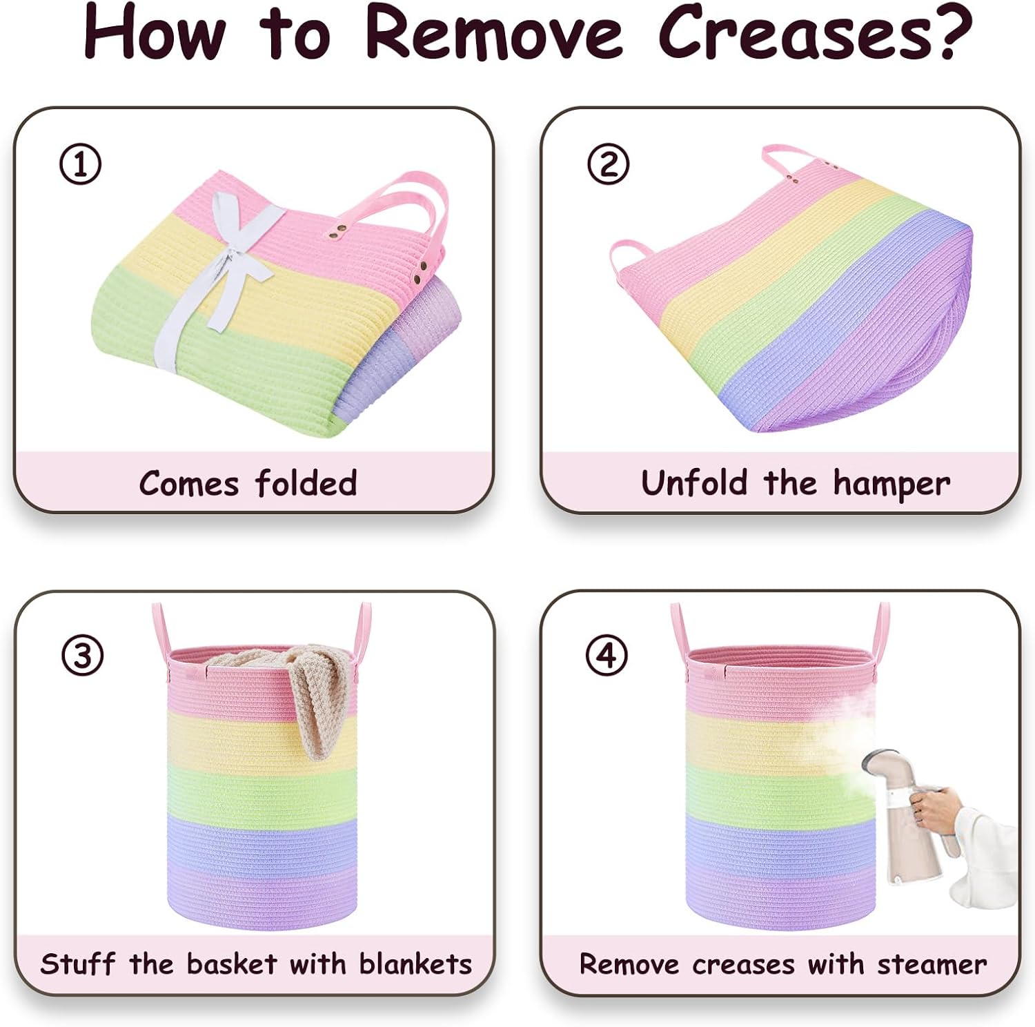 VIPOSCO Tall Laundry Basket, Large Dirty Clothes Hamper with Leather Handle, Woven Rope Storage Basket for Blanket, Toy In Living Room, Bathroom, Bedroom - 72L Rainbow