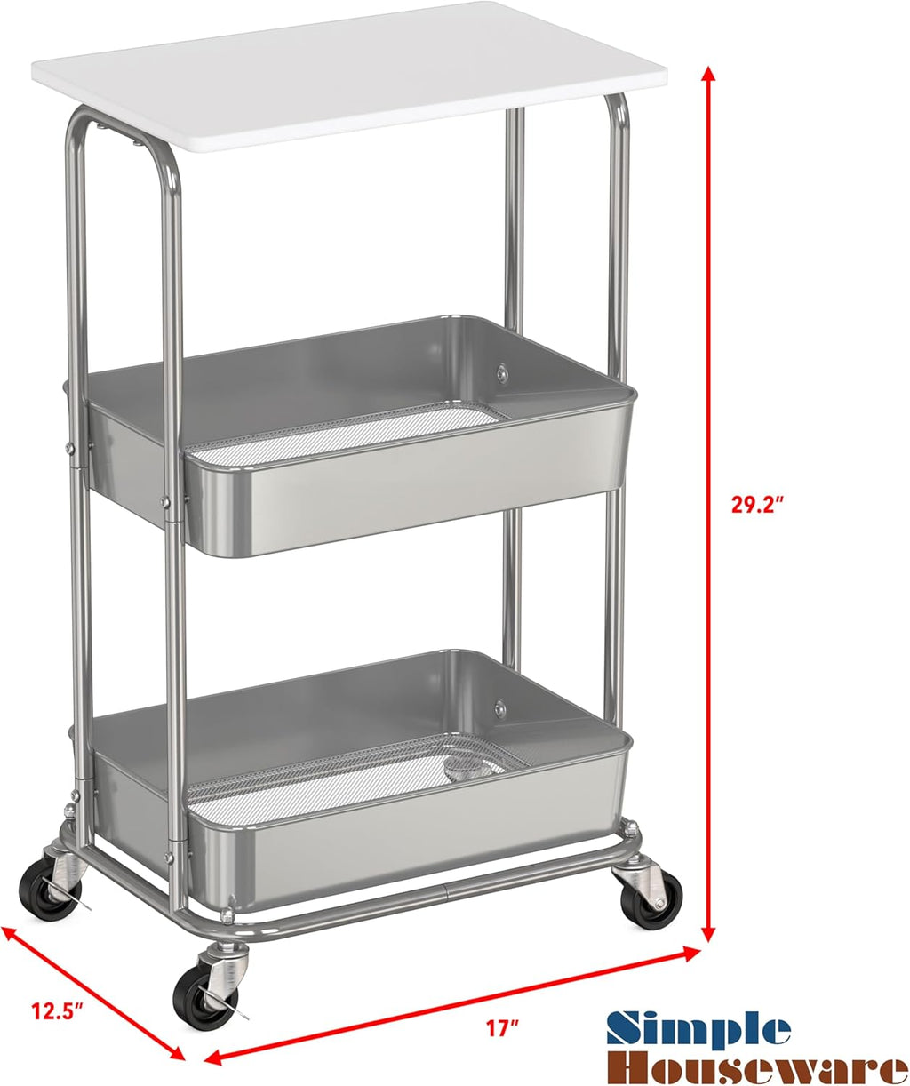 Simple Houseware 2-Tier Rolling Utility Cart with Lockable Wheels and Wood Top, Metal Storage Organizer Trolley for Kitchen, Bathroom, Office, Craft Room, White