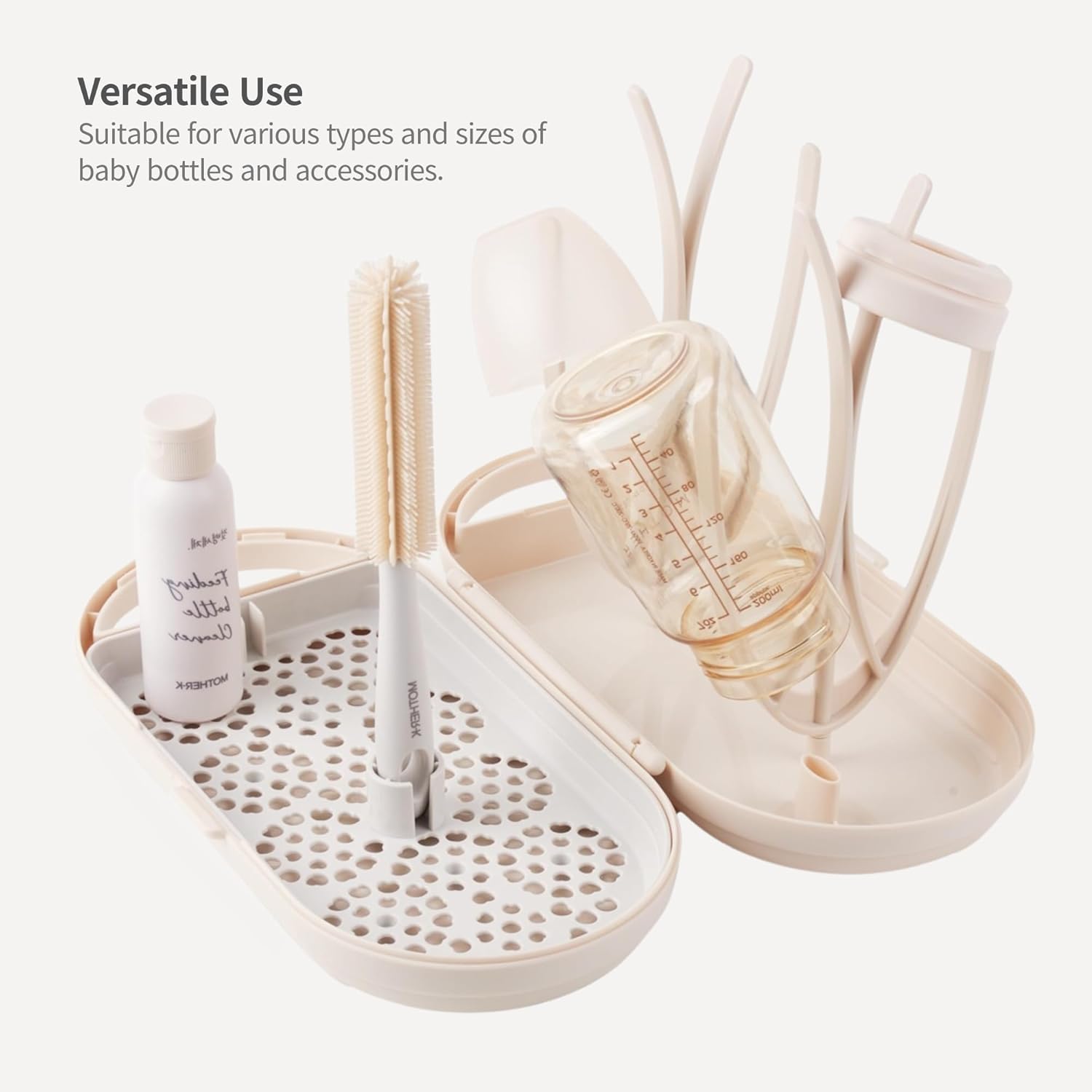 MOTHER-K Travel Baby Bottle Drying Rack Set - Baby Bottle Cleaner Kit with Mini Silicone Bottle Brush, Portable Bottle Drying Rack for Home and Travel (Cream)