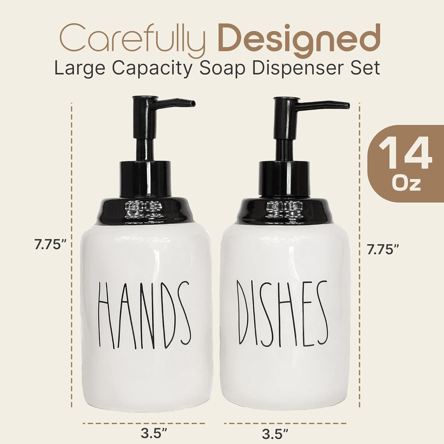 Modern Farmhouse Ceramic Dishes and Hands Soap Dispenser Set for Kitchen | Stainless Steel Pumps | 14oz, White Bottles | Kitchen Décor for Counter