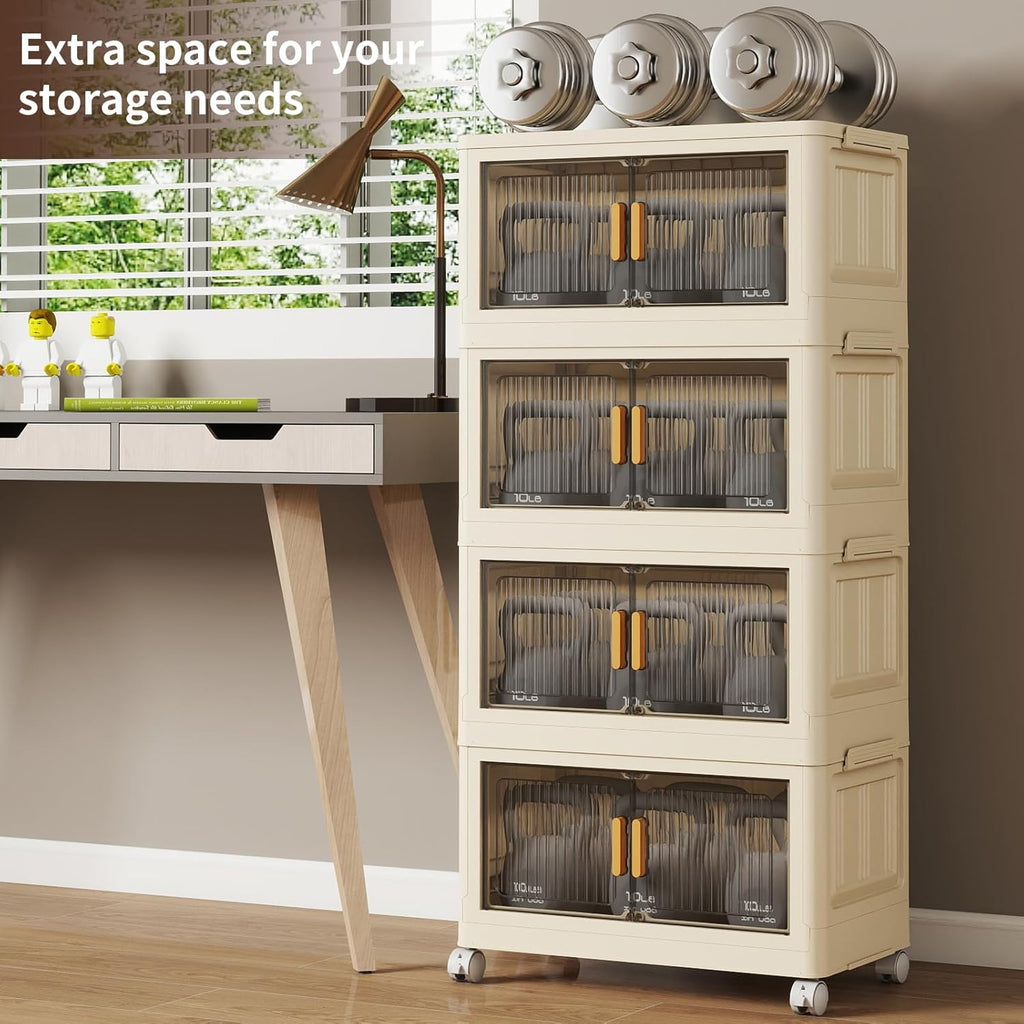 4 Tier Stackable Plastic Storage Bins with Lids 58QT, Collapsible Closet Organizers and Storage with Wheels for Living Room,Office,Dorm