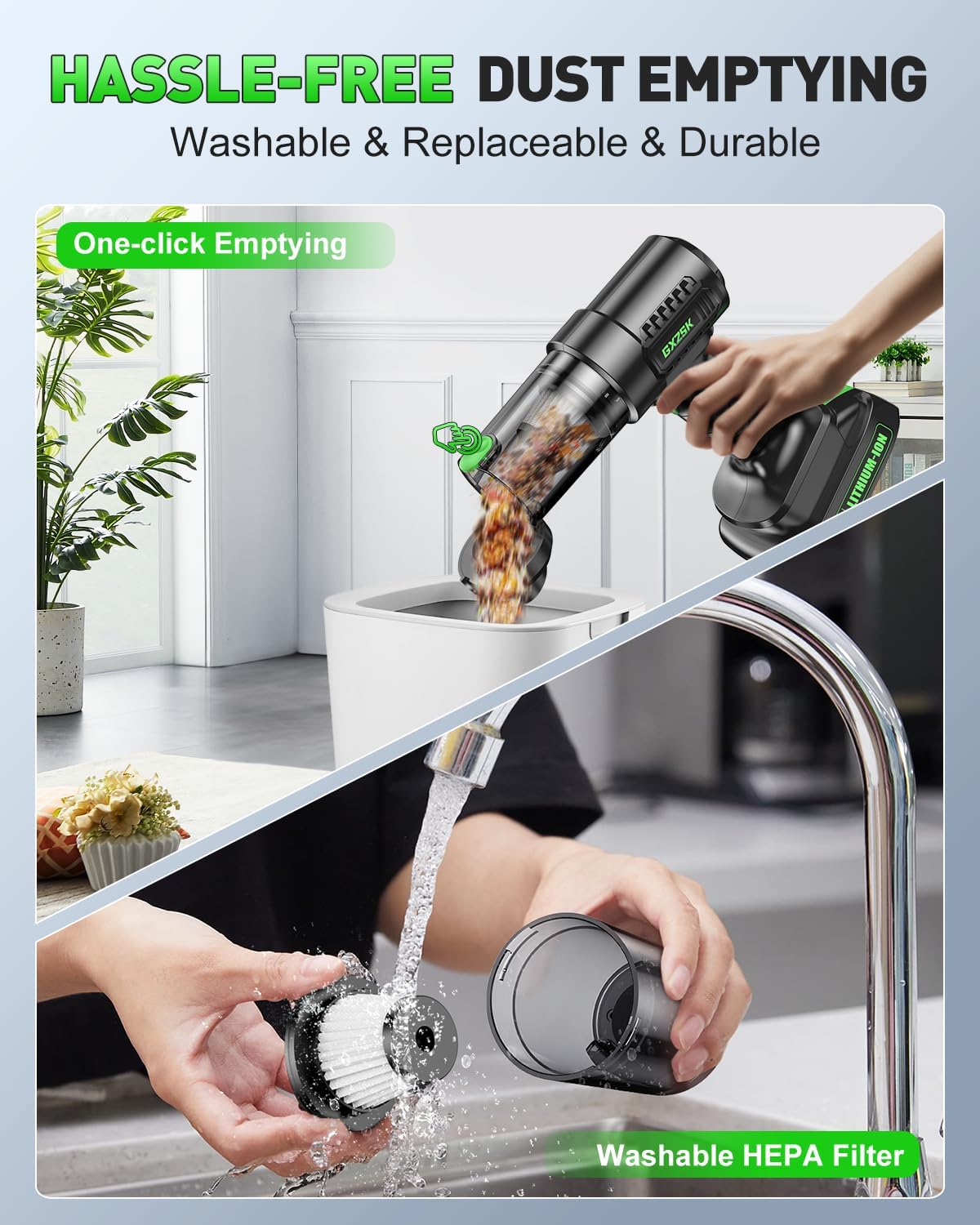 Handheld Car Vacuum Cleaner Cordless 18000PA, 2 in 1 Air Duster & Vacuum Cleaner, High Power Portable Handheld Vacuum with Detachable Battery, Hand Held Vacuum Rechargeable for Car, Home, Office, Pet