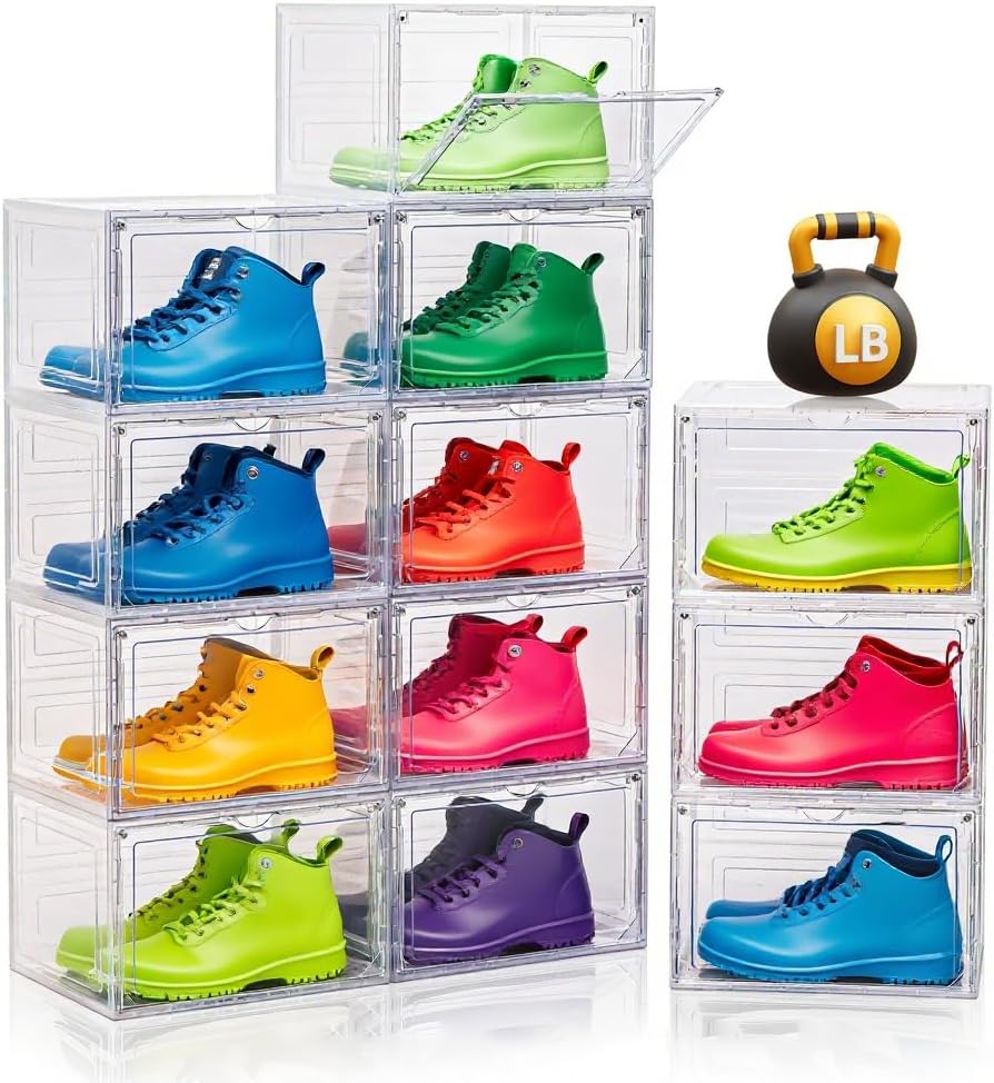 12 Pack Clear Shoe Boxes Stackable,Large Shoe Storage Organizer with Magnetic Door,Drop Side Shoe Containers for Entryway,Sneaker Storage Fit up to US Size 12 for Men/Women