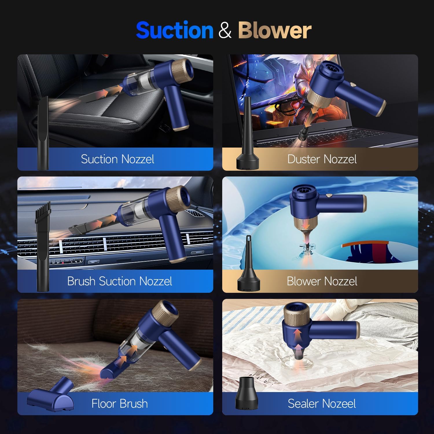 Car Vacuum Cleaner, 16000PA Mini Car Vacuum Cordless Powerful, 7 in 1 Portable Handheld Vacuum Cordless with LED Light, Dual Filters, One-Touch Empty for Pet Hair, Home, Office