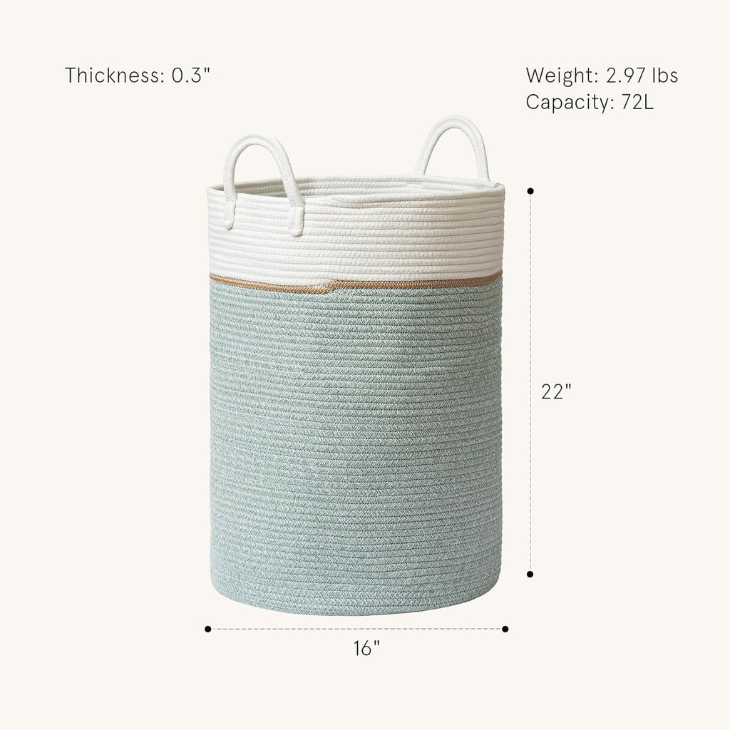 LA JOLIE MUSE Woven Basket Rope Storage Baskets - Tall Cotton Basket, Laundry Basket for Blanket, Kids Toy, Nursery Clothes Hamper Basket, Ivy Green, 72 Liter