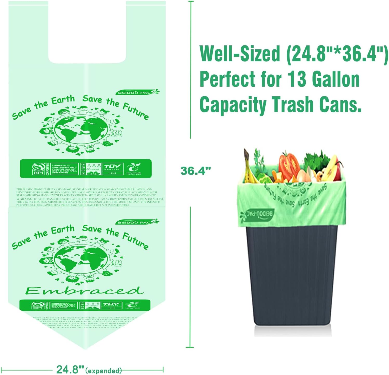 13 Gallon Compostable Trash Bags, 30 Count, Compost Bags Tall Kitchen Trash Bags with Handle, Sturdy Biodegradable Garbage Bags Food Scrap Waste Bags, ASTM D6400, US BPI Certified