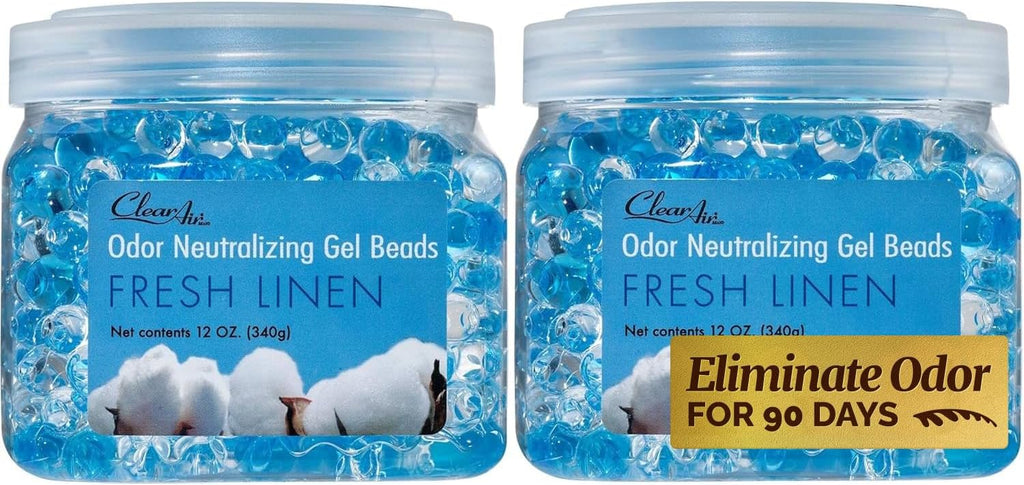 Clear Air Odor Eliminator Gel Beads - 12 oz, Pack of 2 - Air Freshener Made with Essential Oils - Eliminates Odors in Bathrooms, Cars, Boats, RVs & Pet Areas - Fresh Linen Scent