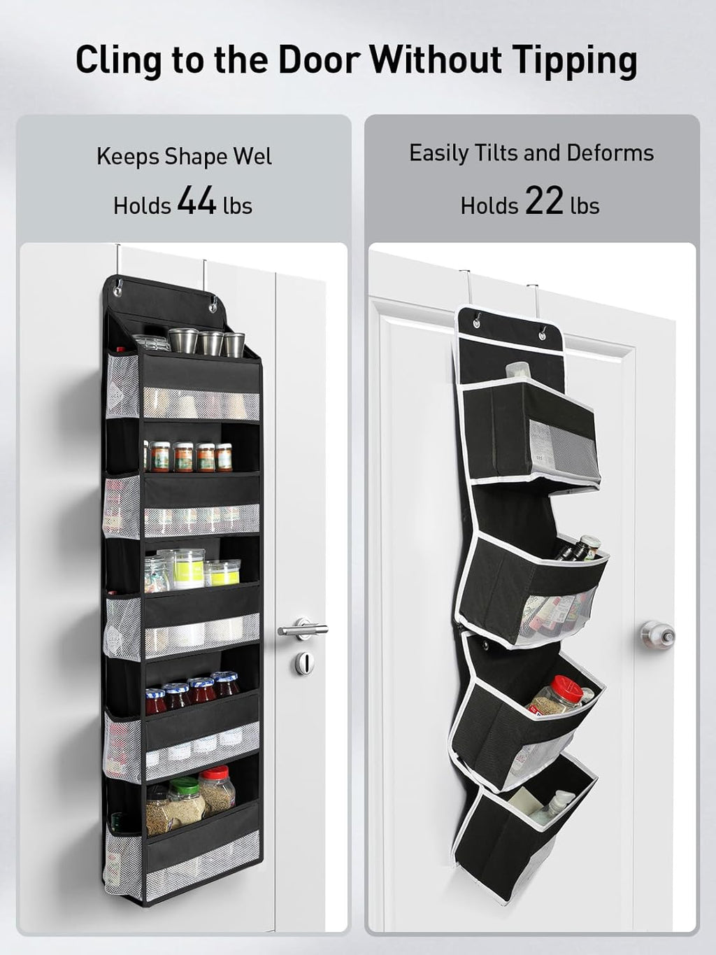 Yecaye 2 Pc Over the Door Organizer with 5 Bins 10 Side Pockets, 44lbs Load Hanging Bathroom and Bedroom Organizer, behind the Door Hanging Organizers for Nursery Newborn Baby Essential Stuff Black