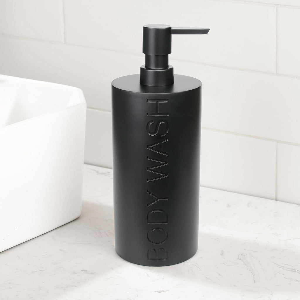 Matte Black Body Wash Dispenser Luxurious Refillable Pump Bottle with Embossed Text, Durable Construction for Bathroom and Shower